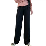 Women High Waist Straight Wide Leg Pants Solid Color Suit Pants Elastic Slant Pockets Loose Office Trousers
