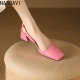 NASBAVI Slingback Sandals Summer Shoes Elegant Pink Black Nude Medium Heels Pumps Close Toe Office Party Shoe Female Large Size