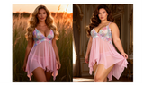 Pink Mesh Print Lace Sleep Dress for Women See Through Midi Nightgown with Panties Plus Size S-4XL