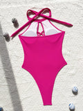 sexy front cross hollow swimsuit one piece solid halter tie bikinis thong swimwear bodysuits women biquini bathing suits 7 color