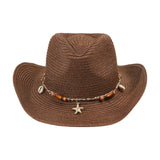 Women Men Straw Cowgirl Hat Starfish Shell Decor Western Panama Jazz Hat Summer Sun Hat for Travel Beach