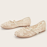 2026 Big size 42 Chic Nude Beading Flat Mary Janes Shoes Women Leisure Mesh Pearls Embroidery Comfy Walk Ballet Flats Shoes