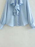 Foridol Ruffles Folds Light Blue Office Lady Satin Shirt Blouse Long Sleeve Spring Fashion Solid Button Up Blusa Autumn 2025