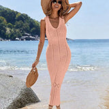 S - XL 2025 V Neck Hollow Out Crochet Knitted Tunic Beach Cover Up Long Cover-ups Beach Dress Beach Wear Beachwear Female Women