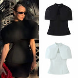Women's Fashion Casual Shawl-Style Waist-Cinching Top Solid Color For Woman Elegant Cape Sleeve Top For Women White Black 81FF