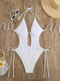 S - XXL Halter V Neck Wrinkled Female Swimwear One Piece Swimsuit Women Backless Monokini High Cut Bathing Suit Swim Beach Wear