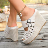 Hollow Out Chunky Wedges Sandals Women Fashion Buckle Peep Toe Super High Heels Sandals Woman Plus Size 43 Platform Slippers