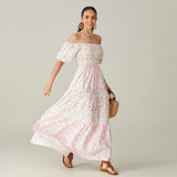Women Summer Long Dress Floral Print Square Neck Short Sleeve Fashion Casual Bohemian Holiday Beach Dresses