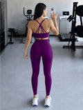 Halter Neck Yoga 2Pcs Set Women Soft Stretchy Top & Long Pants Gym Wear