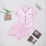 Large Size Women Pajamas Set Short-Sleeved Student Homewear Two-Piece Cardigan Lapel Senior Sense of Striped Short-Sleeved Short