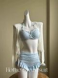 Girls' pure lust style summer bikini three-piece knitted sweater holiday split swimsuit for women