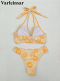 S - XL With Skirt Printed Halter Bikini Female Swimsuit Women Swimwear Three-Pieces Bikini Set Bather Bathing Suit Swim V8230
