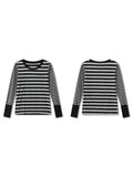 Women Striped Print Long Sleeve Tops Fitted Round Neck Fall T-shirts Casual Streetwear for Daily Office Party