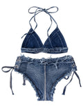 DEKA Brazilian Denim Bathing Suit Women Suits Bikini Set Lace Up Drawstring Beachwear Solid Summer Vintage Two-pieces Swimwear