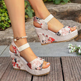 Bohemian Floral Printed Wedge Heel Sandals Women Summer Slip On Chunky Platform Sandles Woman Elastic Strap High Heels Sandals