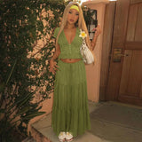 FDYOUI Sexy V-neck Lace Patchwork T-shirt Tops+Long Skirt 2 Piece Set Women's Summer Green Holiday Party Dress Suit Streetwear