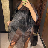 Sexy Fringe Tassel Mesh Sheer Shiny Knitted Tunic Beach Cover Up Cover-ups Beach Dress Beach Wear Beachwear Female Women V3321
