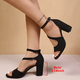 Elegant Ankle Buckle High Heel Sandals Women Black Flock Open Toe Block Heels Rome Sandals Woman Plus Size Bag Heel Party Shoes