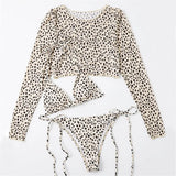 S- XXL Leopard Printed Long Sleeve Bikini Women Swimwear Female Swimsuit Three-Pieces Bikini Set Bather Bathing Suit Swim V3193Y