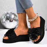 Mesh Big Flower Wedges Slippers Women Plus Size 43 Gold Sequins Platform Sandals Woman 2026 Summer Thick Sole Casual Slides