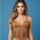 Women Stylish Tassel Trimmed Sleeveless V Neck Spaghetti Strap Crop Vest Summer Solid Color Camisole Tops for Party Nights