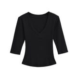 New Pure Desire Casual Style T-Shirt Hot Girl Sexy V-Neck Wool Lyocell Stretch Slim Fit Mid-Sleeve Solid Color Thin T-Shirt WLOC