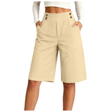 Women's High Waist Cotton Linen Bermuda Shorts Double Breasted Wide Leg Casual Shorts With Pockets Loose Fit Office Summer Short
