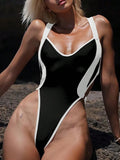 Splicing V Neck Cross Backless Women Thong Swimwear One Piece Swimsuit Female Monokini High Leg Cut Bathing Suit Swim Beach Wear