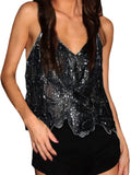 Women's Summer Loose Glitter Sequin Cami Tops Sleeveless Spaghetti Strap V Neck Camisole Clubwear