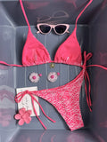 Sexy Mesh Flower Bikinis Sets Women Hot Pink Halter Push Up Bra Tie Side Swimsuit 2026 Beach Bathing Suit Holiday Micro Swimwear