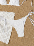 3D Flower with Mesh Sarong Skirt Bikini Women Swimwear Female Swimsuit Three-pieces Bikini Set White Bathing Suit Swim Beachwear