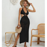 Women's Sexy Binding Rope Deep V Beach Cover-Up Knitting Halter Tunic Long Dress See-Through Summer Holiday Casual Beachwear