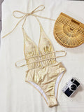 DEKA Women's Gold Colors Deep V Neck One Piece Swimsuit Tummy Control Hellow Out Swimwear Wrap Bathing Suit For Beach Vacation