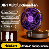 2024 New 5000mAh Rechargeable 3IN1 Multifunctional Portable Fan Wall Mounted Fan 90° Folding Fan 4 Gears With Warm Night Light