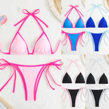 2026 Summer Women Patchwork Swimsuit Sexy Backless Neck Bikini Set Lace-up Bathing Suit Beachwear Femme Padded Swimwear Holiday