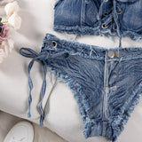 DEKA Retro Women Bikini Denim Suits Summer Halter Camis+ Mini Pant Lingerie Fashion Vacation Swimsuits Sexy Bra&Briefs Sets