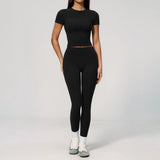 Creamy 2 Pieces Workout Suit Women Yoga Outfits Short Sleeve O Neck Slim Sports T Shirts High Waist Flare Pants Gym Fitness Sets