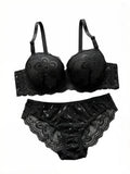 Black Lace Bra and Panty Set – Sexy Underwear set for Women Floral Embroidery lace set push up bra 2123