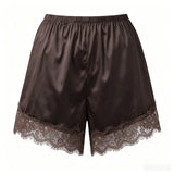 Summer Women’s Satin Lace Hem Shorts Elastic Waist Loose Fit Wide Leg Short Pants Casual Lounge Bottoms Solid Color