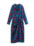 Foridol Side Split Women Fashion Geometric Print Blue New In Shirt Wrap Dress Women Long Sleeve Bowknot Maxi Long Vestido Robe
