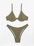 Solid Color Pit Strip Bikini Set for Women Sexy Underwire Push Up 2-piece Swimsuit High Waist Suspender Backless  Bathing Suit