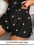 Heart Print Pajama Set Crew Neck Cami Top & Lettuce Trim Casual Round Sexy Women's Summer Sleepwear Soft Loungewear Nightwear