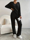 Autumn and Winter Casual V-neck Pocket Striped Knited Tops and Long Trousers Two-piece Sets, Women's Pajamas Set Sleepwear