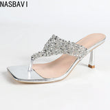 NASBAVI 7cm Thin-heeled Flip-flops for Summer, Shiny Rhinestones, Square-toed, Open-toed, Hermeted Casual Outerwear for Women