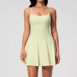 Women Tennis Dress with Shorts Pocket Square Neck Hollow Back Sleeveless One Piece Sports Outfit Fitness Pleate Mini Dresses