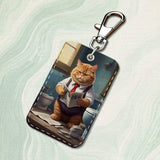 Funny Art Fat Cat Toilet Rectangle Card Case Keychain Access Card Bag Key Tag Ring Leather Card Holder Key Ring Access