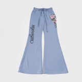 Retro rose letter print low-waist drawstring flared trousers, slim fit and versatile casual trousers