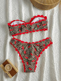 Sexy Bandeau Bikini 2026 Women Red Leopard Print Front Bow Push Up Bra High Waist Swimsuit Beach Bathing Suit Vacation Swimwear