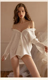 Sexy Chiffon Strap Boyfriend Style White Shirt Sheer Charm Blouses Chain Design Sense V Neck Romantic Passion Mature Bold 9SYN