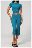 Yoga Set for Women High Waist Hip Lifting Tight Mid Pants Fitness Suit Short Sleeve O Neck Slimming Sports T Shirt Athletic Wear